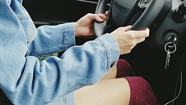 Indian Girl short skirt knee high stockings driving