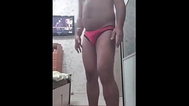 Indian daddy wearing his wifeТs panties and showing on cam